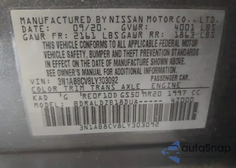 2020 Nissan Sentra Sv Xtronic Cvt z USA, uszkodzony, nr VIN 3N1AB8CV8LY303092